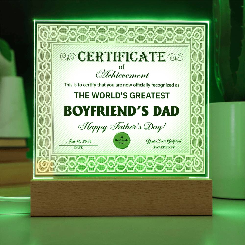 Boyfriends Dad Gift-Certificate Of Achievement Acrylic Plaque