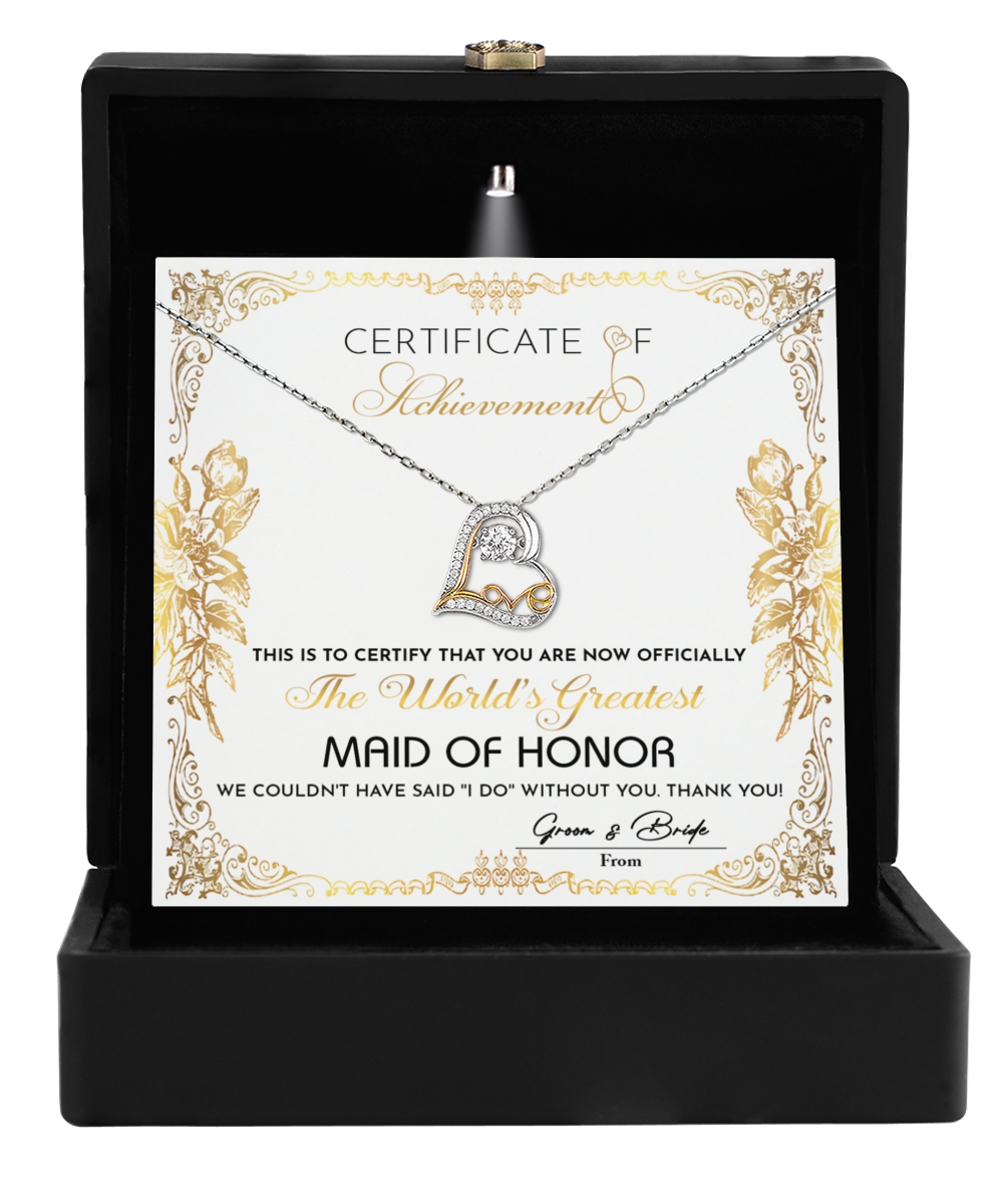 Maid of Honor Gift - Heart Necklace - Certificate of Achievement