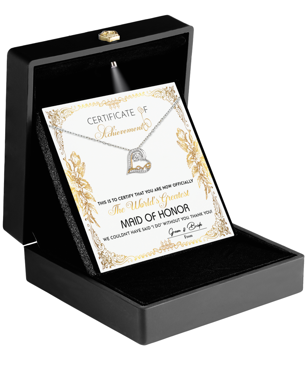 Maid of Honor Gift - Heart Necklace - Certificate of Achievement