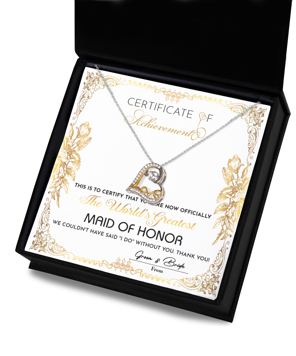 Maid of Honor Gift - Heart Necklace - Certificate of Achievement